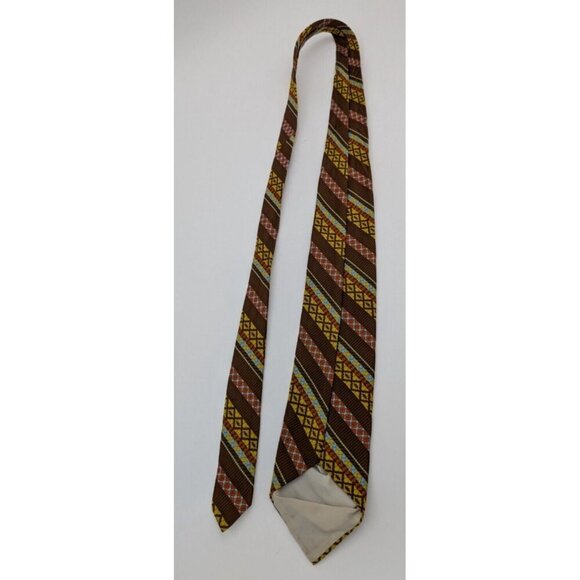 Vintage 60s 70s Men's Tie Brown Yellow Blue Striped - Picture 7 of 9